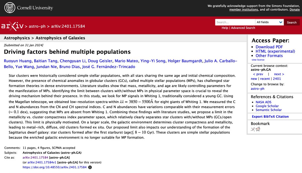 Our new accepted paper is now available on ArXiv 👉 'Driving factors behind multiple populations' 👉arxiv.org/abs/2401.17584