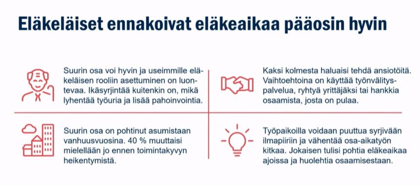 Tuoreita <a href="/ilmarinen_tweet/">Ilmarinen</a> tutkimustuloksia siitä, miten eläkeläiset voivat ja varautuvat eläkeaikaansa. Tutkimuksen mukaan yli puolet eläkeläisistä voi hyvin ja kokee asettuneensa eläkeläisen rooliin luontevasti. Kaksi kolmesta haluaisi tehdä ansiotöitä. #iareena