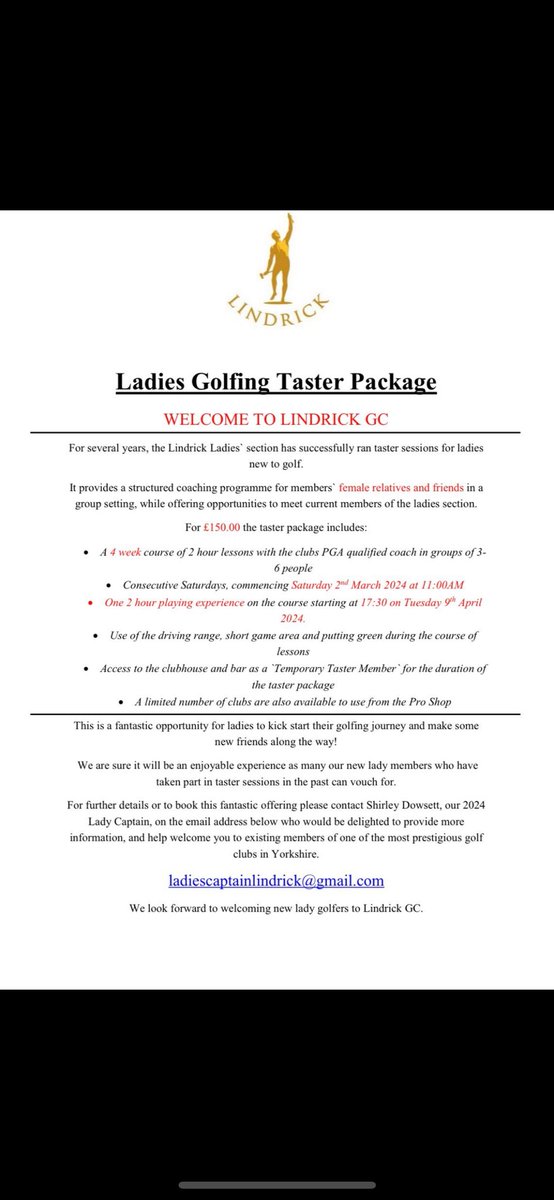 ‼️LADIES GOLFING TASTER SESSIONS‼️ Commencing in March 2024 For more information or to book, contact our 2024 Lady Captain, Shirley Dowsett, on the email provided. We look forward to helping you start your golfing journey⛳️