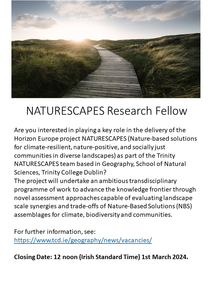 Calling all NbS scholars @im_coasts and I have an opening for a Research Fellow here @TCD_Geography on Horizon Europe project NATURESCAPES - Deadline 1/3/24: tcd.ie/geography/news… please share! @harrietbulkeley @VaneBailo @TCD_NatSci @julianagyeman @jenniecstephens @DocFloodS