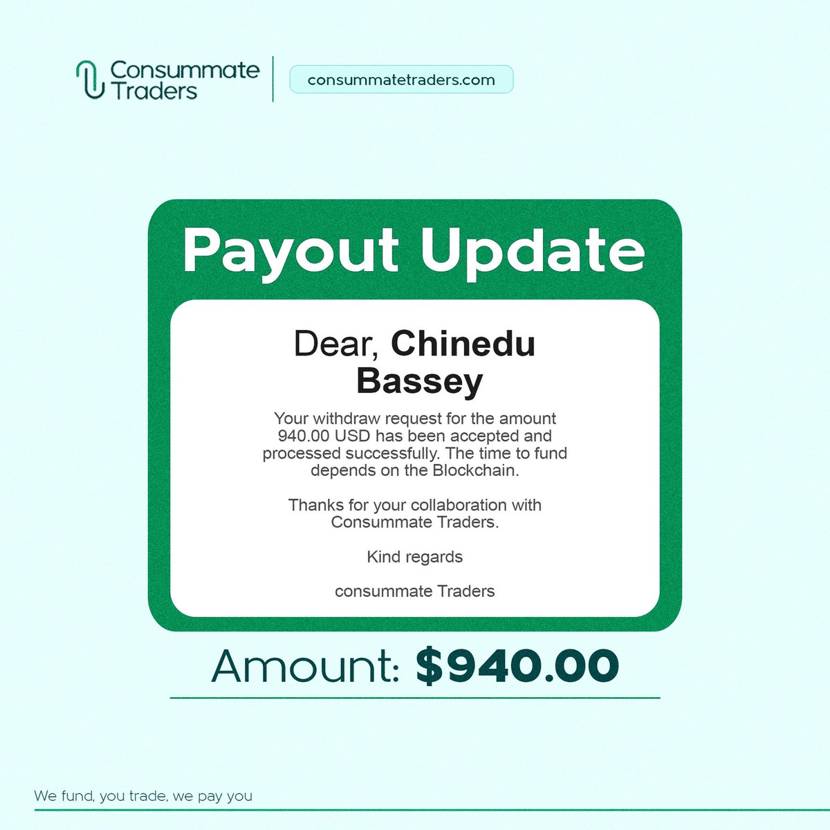 What better way to start the new month than receiving payouts from Consummate Traders? 

When we fund, and you trade, we WILL pay!🔥

Congratulations to these paid traders!

#payout #propfirm #forextrading #ConsummateTraders