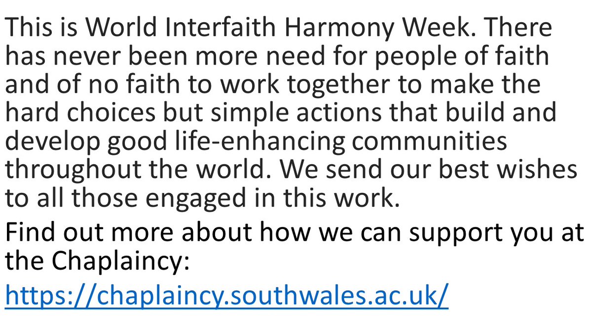 #WorldInterfaithHarmonyWeek Find out more about how we can support you at the Chaplaincy: chaplaincy.southwales.ac.uk Dysgwch fwy am sut y gallwn eich cefnogi yn y Gaplaniaeth: chaplaincy.southwales.ac.uk/caplaniaeth/