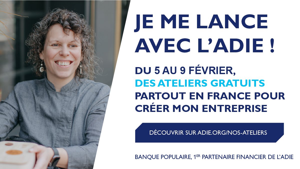 #SaveTheDate : 

Du 5 au 9 février, l'<a href="/Adieorg/">Association Adie</a> et <a href="/BanquePopulaire/">Banque Populaire</a> organisent des événements gratuits partout en France. 

Au programme : #ateliers #rencontres #webconférences pour rendre l’entrepreneuriat accessible à toutes et tous 

adie.org/nos-ateliers/
