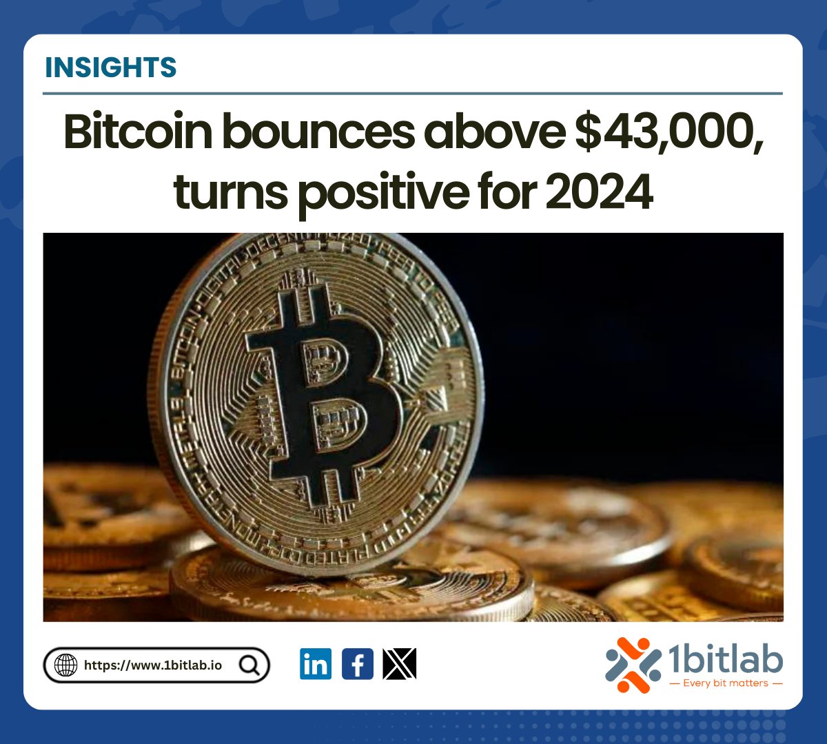 1bitlabtechjsc's tweet photo. 📈 Bitcoin has surged past the $43,000 mark, up 2.93% at $43,097.35 according to Coin Metrics. Despite recent challenges, it's now up 1.25% for 2024.   
🌐 Read now: https://t.co/dv3iJYkH1u  
#Bitcoin #CryptoNews #1bitlabtechnology #1bitlab https://t.co/SGCKXwsMxY