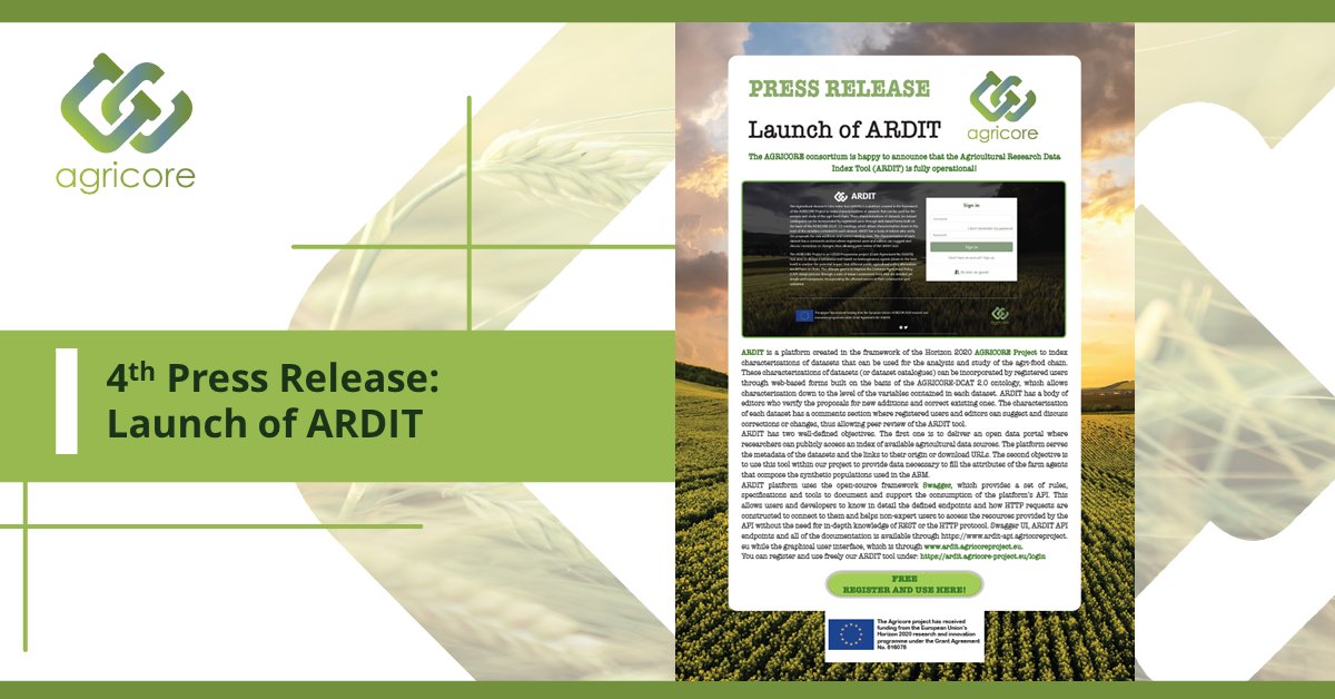 📢 Press release about ARDIT is out ❗️ ✅ Check it: agricore-project.eu/wp-content/upl… 💡 ARDIT is a platform to index characterizations of agricultural datasets 🌐 #Registernow: ardit.agricore-project.eu/login #EU_H2020 #agriresearch_eu #Agriculture #data #dataindex #datasets #analysis