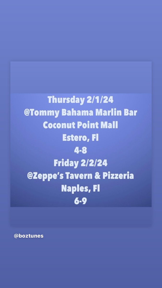 Thursty Thursday & Friday Night this week! @Boztunes1 @ZeppesTavernFL @#MarlinBar @Coconut_Point @TommyBahama #musicislove