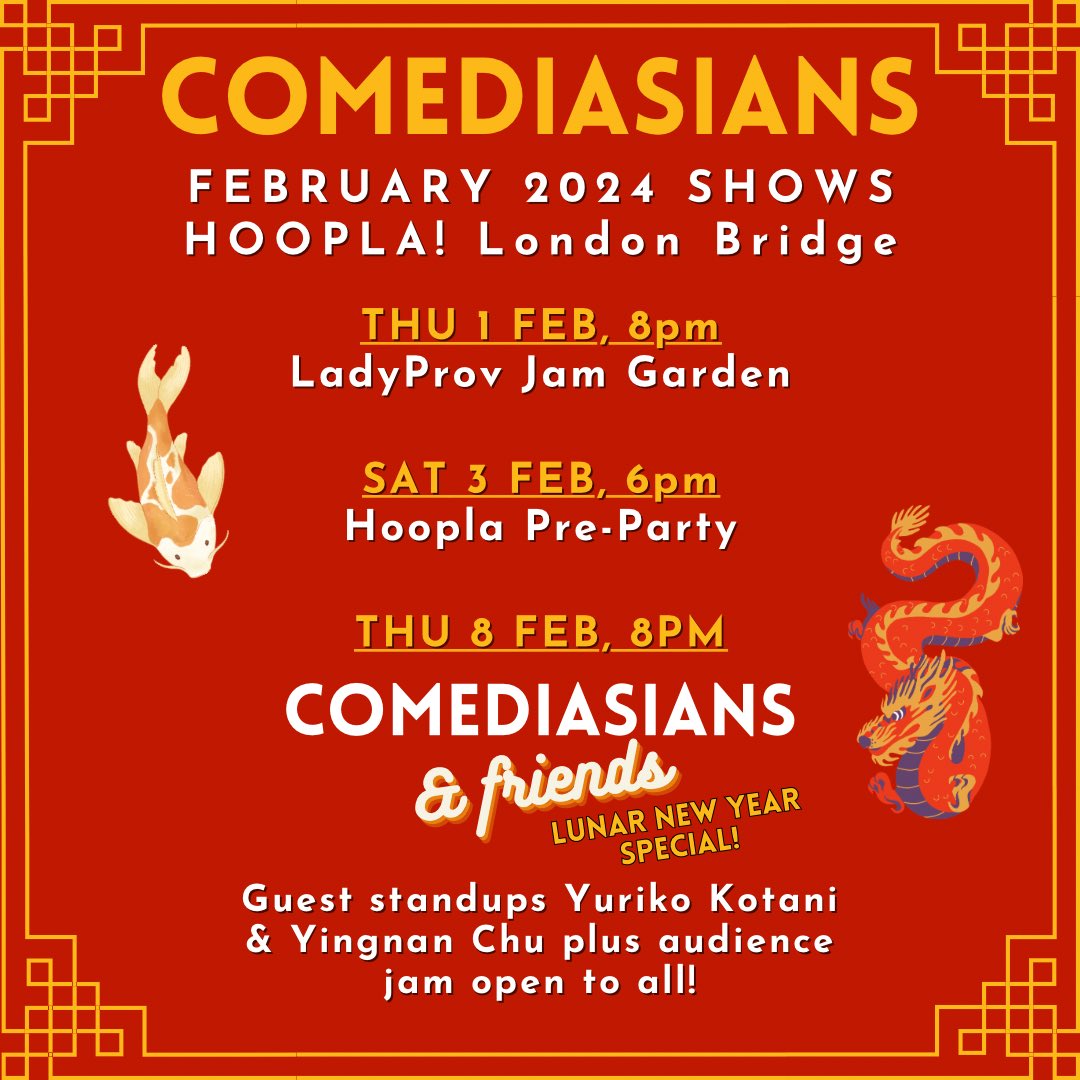 It's a Very Comediasians February! Come ring in the Year of the Dragon with us.

1️⃣Feb: The ladies of Comediasians join <a href="/Lady_Prov/">LadyProv</a>! 
3️⃣Feb: <a href="/hooplaimpro/">Hoopla Impro</a> Pre-party! 
8️⃣Feb: Our annual Lunar New Year Special! Stand ups <a href="/YurikoComedy/">Yuriko Kotani</a> &amp; Yingnan Chu 

🎟️All ticket links in bio