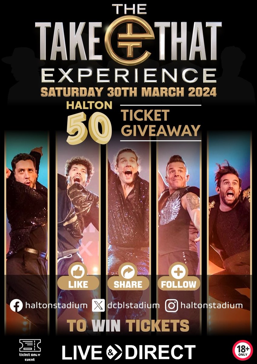 DCBL Stadium Halton (@dcblstadium) on Twitter photo 🎫 To celebrate the 50th anniversary of <a href="/HaltonBC/">Halton Council</a>, we will be giving away more tickets to see the fabulous <a href="/thetakethat/">The Take That Experience</a> live <a href="/DcblStadium/">DCBL Stadium Halton</a>
🙌🏽 For your chance to win in this week’s competition
Like & share this post
Follow our page <a href="/DcblStadium/">DCBL Stadium Halton</a> 🎫 To celebrate the 50th anniversary of <a href="/HaltonBC/">Halton Council</a>, we will be giving away more tickets to see the fabulous <a href="/thetakethat/">The Take That Experience</a> live <a href="/DcblStadium/">DCBL Stadium Halton</a>
🙌🏽 For your chance to win in this week’s competition
Like & share this post
Follow our page <a href="/DcblStadium/">DCBL Stadium Halton</a>