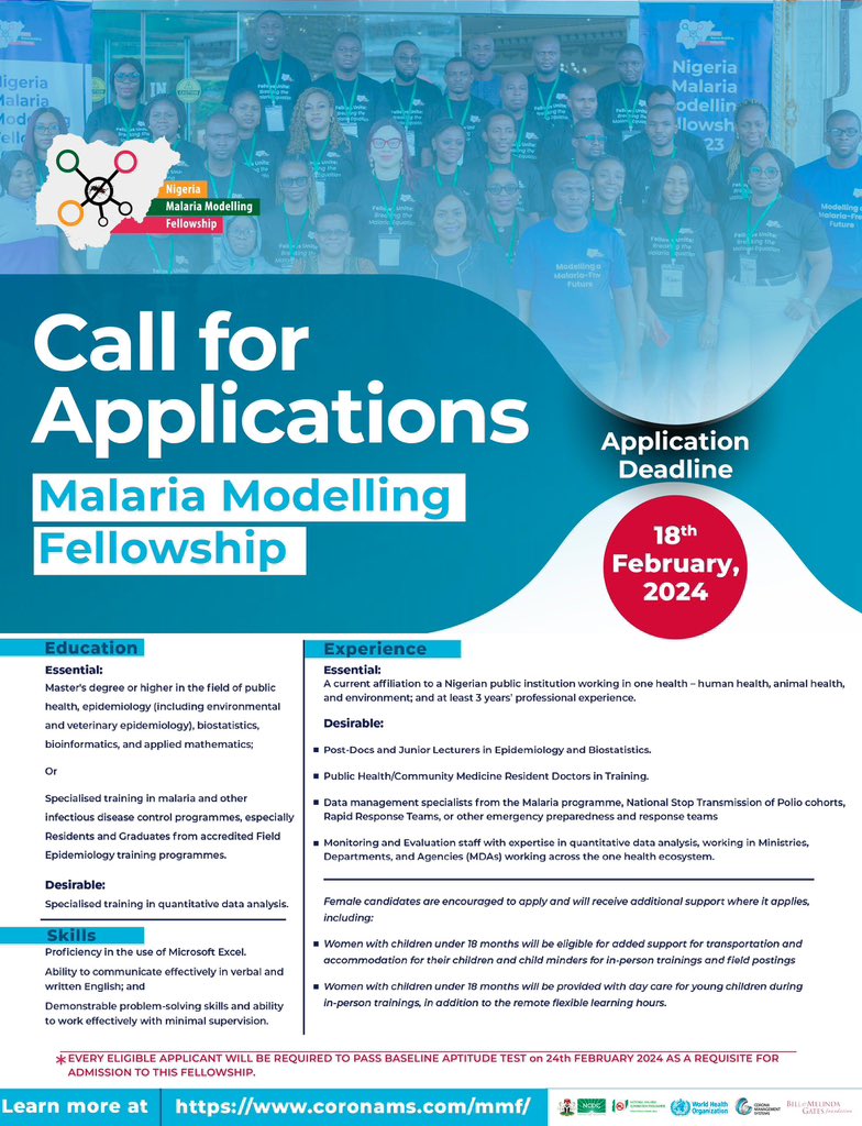 coronams's tweet photo. 27% of the world's malaria burden is in Nigeria. We need YOUR expertise to change that! Join the #NigeriaMalariaModellingFellowship & become a malaria modelling leader.
For more information, visit https://t.co/hZWCYJOB86
#PublicHealth #MalariaModelling https://t.co/4S5ZDoO5eO