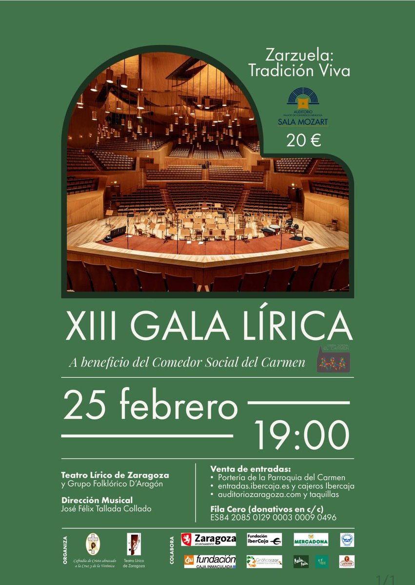 ¡La Gala lírica vuelve! 🎶 Otro año más organizamos este espectáculo en beneficio del comedor social de la Parroquia del Carmen.

Compra en:
👉🏻 las salidas de las misas de la Parroquia. 
👉🏾 taquilla del Auditorio de Zaragoza
👉🏼 web: entradas.ibercaja.es/compra/xiii-ga…
👉🏾 cajeros Ibercaja
