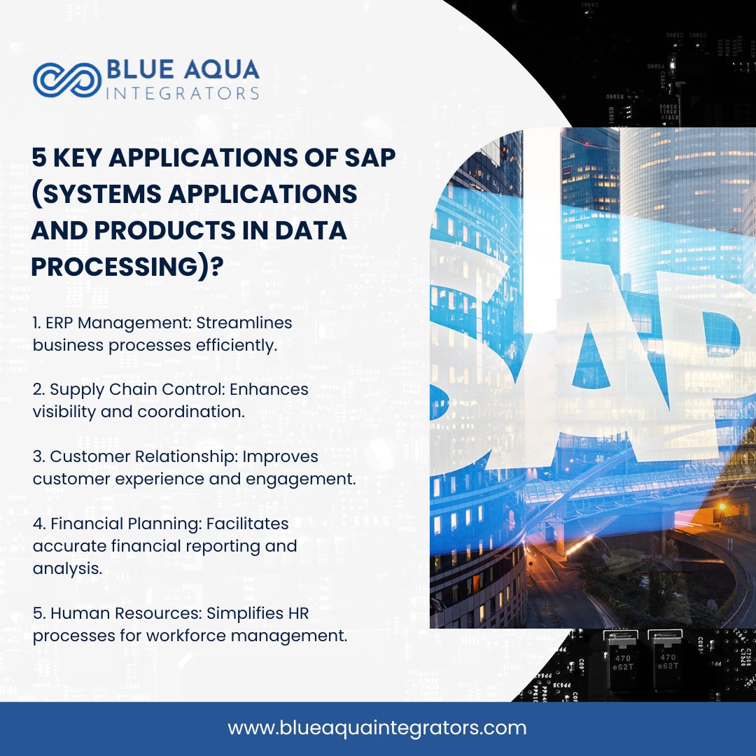 5 key applications of SAP.
.
.
#SAP #ERP #BusinessAutomation #SupplyChain #SAPSCM #Logistics #CustomerExperience #SAPCRM #CRM #HRManagement #SAPHCM #WorkforceManagement #BusinessIntelligence #SAPAnalytics #DataDriven