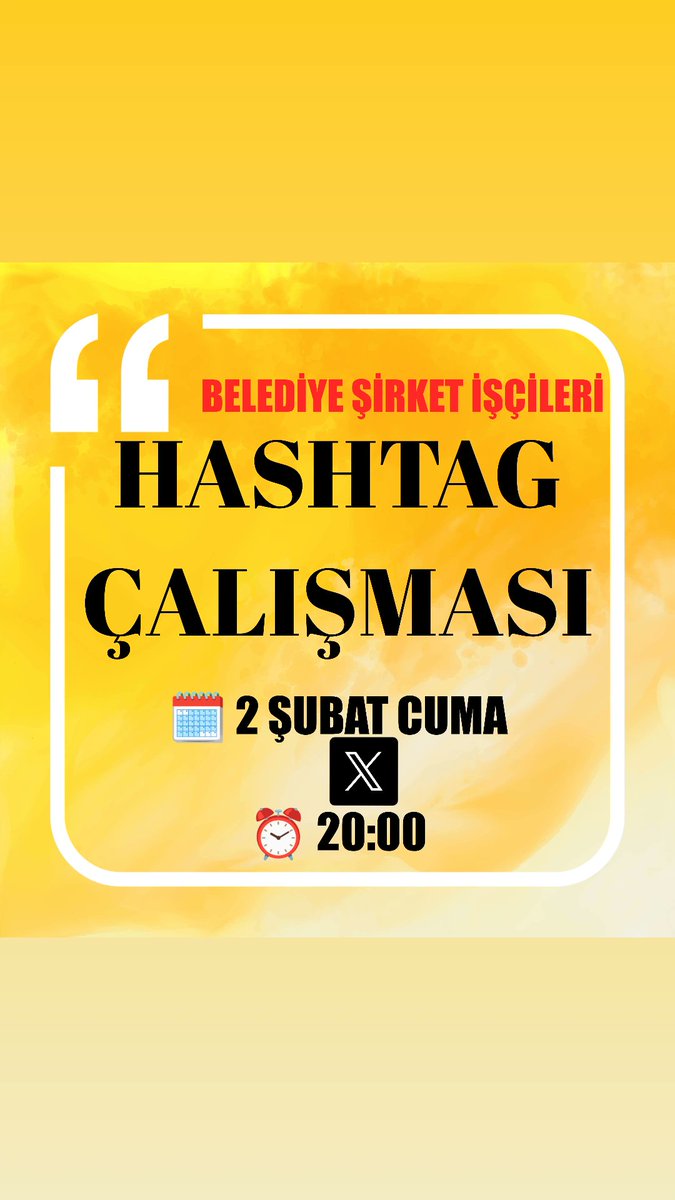 Gün Birlik Günüdür

 𝐁𝐞𝐥𝐞𝐝𝐢𝐲𝐞 ş𝐢𝐫𝐤𝐞𝐭 𝐢şç𝐢𝐥𝐞𝐫𝐢 #hashtag Çalışmasında buluşuyoruz❗

#kadro haklarımızı alana kadar susmayacağız.

🗓️ 𝟮 Ş𝙪𝙗𝙖𝙩 𝘾𝙪𝙢𝙖

⏰ 𝟮𝟬:𝟬𝟬

Twitter buluşuyoruz...

#4MilyonBelediyeAilesi 

<a href="/M_Sarigul/">Mustafa Sarıgül</a> <a href="/fethigurer/">Ömer Fethi Gürer</a>
<a href="/isamesihsahin/">İsa Mesih Şahin</a>