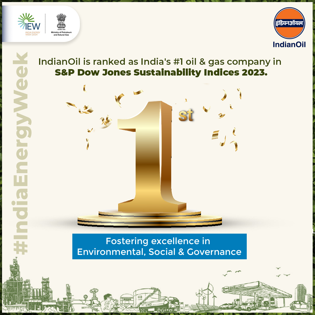 IndianOil is proud to be the top Indian company in S amp P Dow Jones Sustainability Indices 2023 for oil amp gas, reflecting our commitment to high ESG standards. Join us at IndiaEnergyWeek to explore our sustainable journey IndianOil is proud to be the top Indian company in S amp P Dow Jones Sustainability Indices 2023 for oil amp gas, reflect...