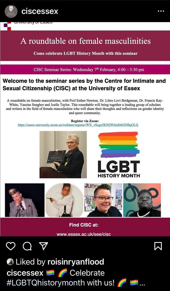 Please join our female masc round table for #LGBTIQ her / their / his story @ciscUoE Feb 7th 16.00-17.30. It’s a Zoom so grab your coffee & your cat. let’s unpack this… 😽😽@bigblackbutch @dr_francisray @JTaylorTrash @RoisinFlood