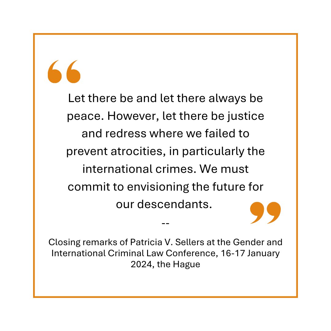 Patricia V. Sellers concluded the #Gender and International Criminal Law Conference earlier this month with powerful insights on global #genderjustice Read the full remarks here: 4genderjustice.org/wp-content/upl…