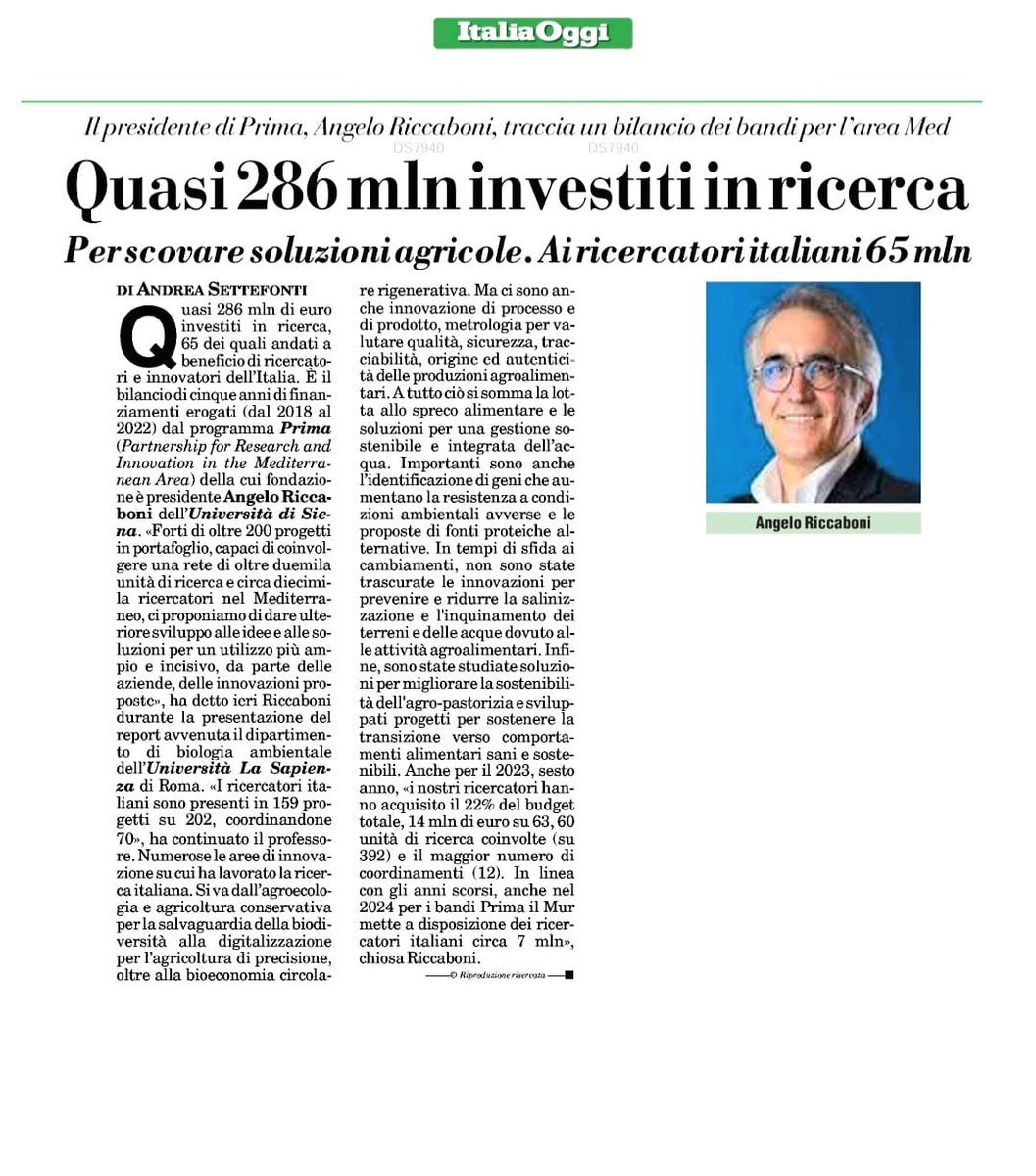 🗞️Su #AgricolturaOggi <a href="/ItaliaOggi/">ItaliaOggi</a>📅31/1, <a href="/AngeloRiccaboni/">Angelo Riccaboni</a> parla del report PRIMA 2018-22 che evidenzia il ruolo di #sciencediplomacy nel Mediterraneo e il successo e qualità della #ricerca🇮🇹#agrifood grazie al supporto <a href="/mur_gov_/">Ministero dell'Università e della Ricerca</a>
👉italiaoggi.it/news/quasi-286…
<a href="/anset1963/">Andrea Settefonti</a> <a href="/chiaroeforte/">🇮🇹 Luigi Chiarello 🇪🇺</a>
