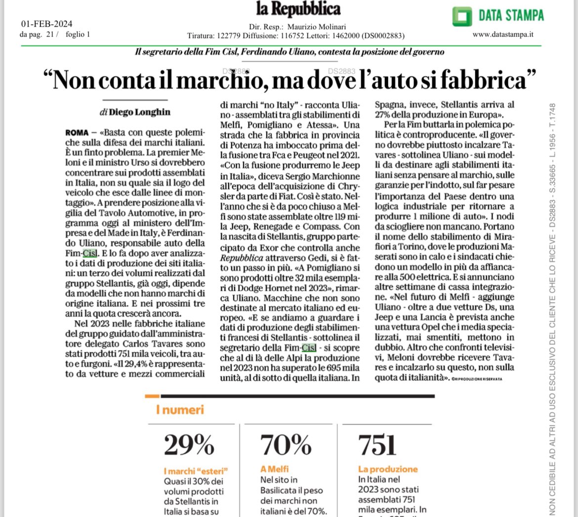 FIMCislStampa's tweet photo. In concomitanza sul tavolo #automotive al MiMIT piano incentivi #ecobonus2024,  il Segretario nazionale #FIM Ferdinando #Uliano interviene sulla polemica legata alla difesa dei marchi italiani.Oggi il 30% dei volumi di #Stellantis in Italia dipende da marchi che non sono italiani https://t.co/bZXt6BWYOI