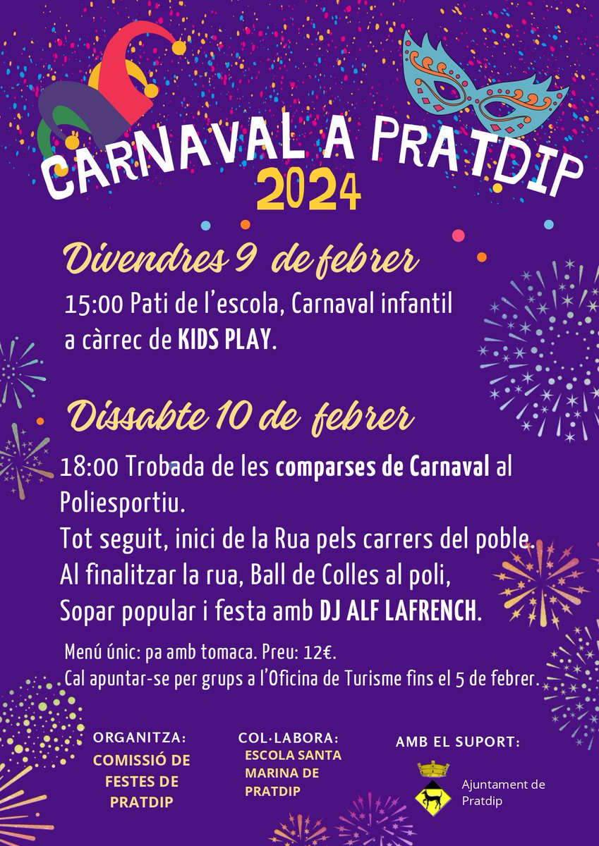 PratdipTurisme's tweet photo. S'apropa una de les festes més populars i estimades, Carnestoltes 2024!🎭 
🥳 El dia 9 i 10 de febrer els carrers del Prat s'ompliran de color i alegria.🎉🎊
Prepara la disfressa i viu la festa més divertida de l'any.🎭 🥳 https://t.co/kSYsOrge5N