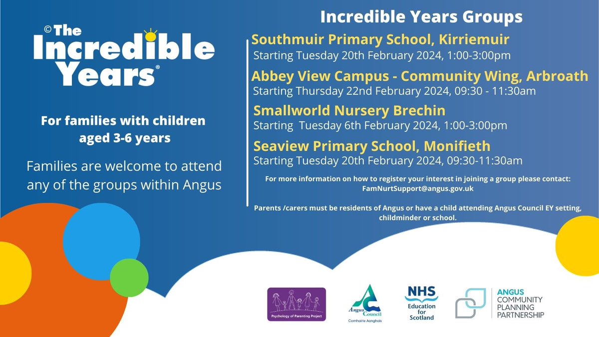 Starting in Seaview on Tuesday 20th February. A fantastic opportunity for parents and carers…for any further information, please get in touch ⭐️
<a href="/AngusCouncil/">Angus Council</a> #EYAngus <a href="/FamnurtSupport/">Family Nurture Support Team</a> <a href="/IncredibleYears/">The Incredible Years</a>
