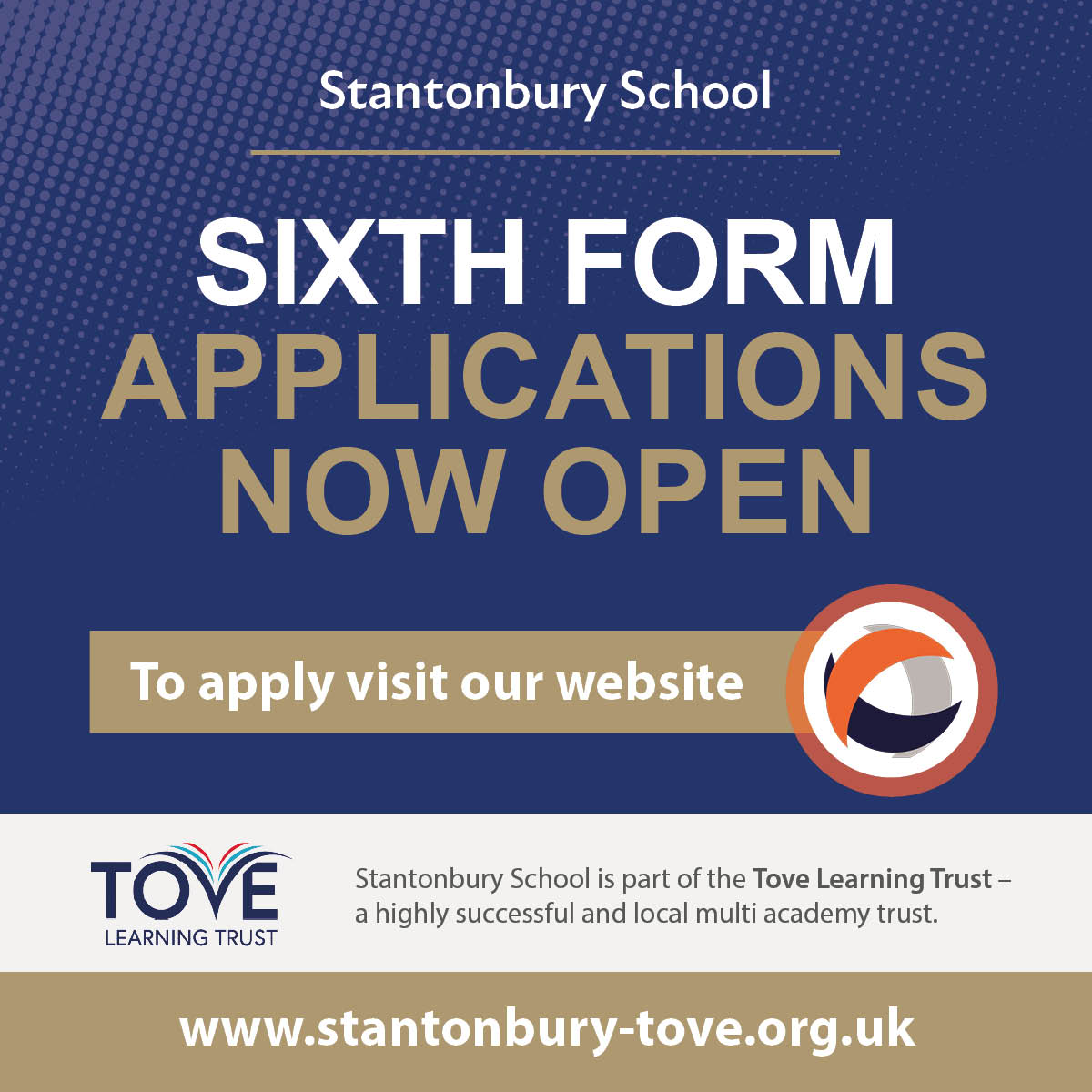 We are pleased to confirm that our Sixth Form Application Form is now live! The deadline for applications is Wednesday 14th February at 5pm. Please follow the link to the Sixth Form area of our website for information and the link to the application form. stantonbury-tove.org.uk/sixth-form