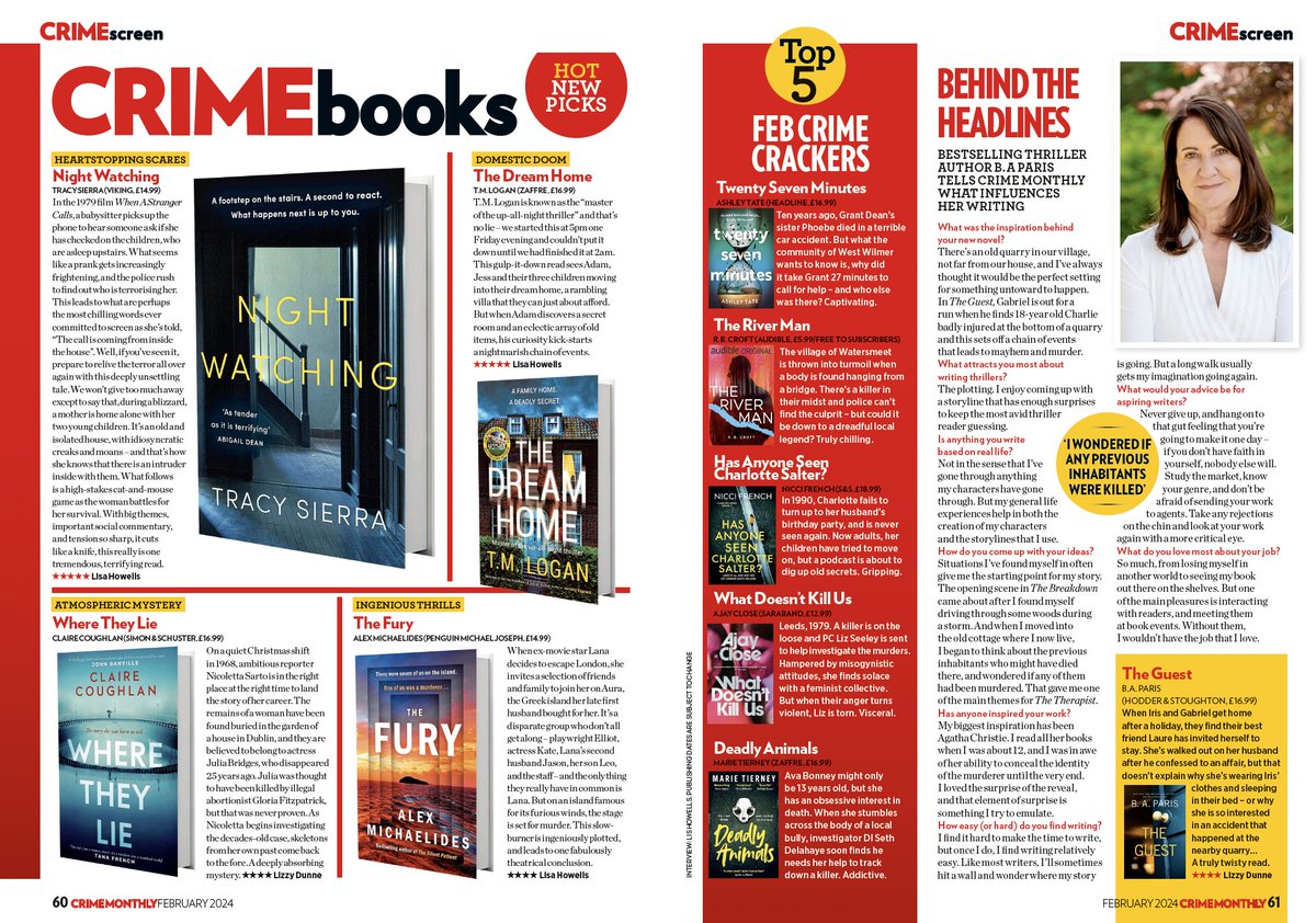 New issue = new books! We have crime crackers from @tsierraauthor @Claire_Coughlan @AlexMichaelides @TMLoganAuthor @tate_ab @RBCroftWriter @FrenchNicci @AjayClose Marie Tierney and a chat with @baparisauthor