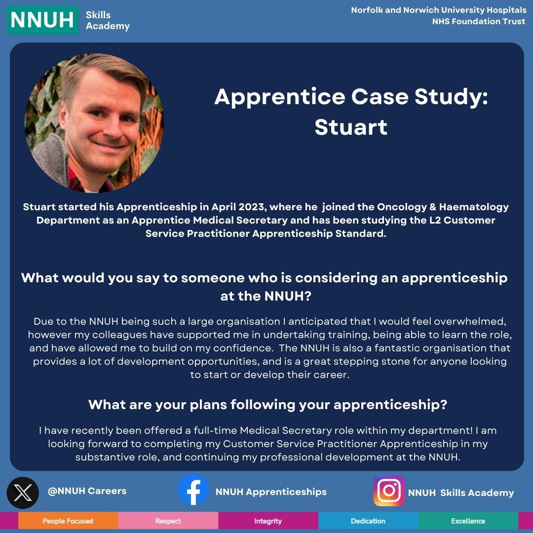 NNUH Skills Academy (@nnuhcareers) on Twitter photo ⭐STUART ⭐
Stuart is an Apprentice Medical Secretary at <a href="/NNUH/">Norfolk and Norwich University Hospitals</a> currently studying the L2 Customer Service Practitioner Apprenticeship Standard with <a href="/PoultecTraining/">Poultec Training</a>
Read about Stuart's journey! ⬇️⬇️
#NAW2024 ⭐STUART ⭐
Stuart is an Apprentice Medical Secretary at <a href="/NNUH/">Norfolk and Norwich University Hospitals</a> currently studying the L2 Customer Service Practitioner Apprenticeship Standard with <a href="/PoultecTraining/">Poultec Training</a>
Read about Stuart's journey! ⬇️⬇️
#NAW2024