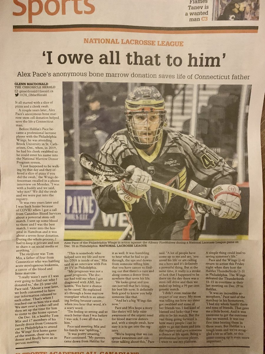 LacrosseNS's tweet photo. Another reason to ❤️ @Apace125: today’s @chronicleherald Sports section shares a life-changing story, for Alex, and a stem cell donation recipient. If you want to #belikealex, register yourself here:
https://t.co/Ht0ufYaAoB
#bonemarrow #itsinyoutogive https://t.co/l3KWh3iGXA
