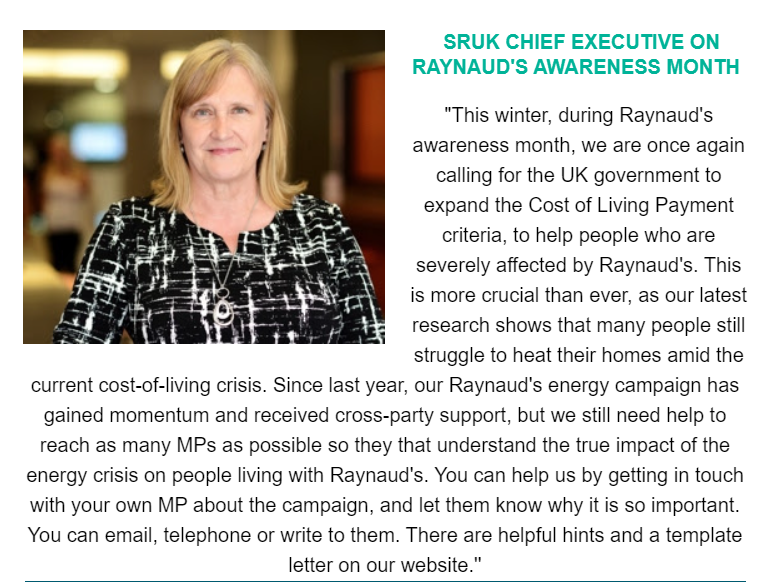 This winter, during #RaynaudsAwarenessMonth, @WeAreSRUK are once again calling for the UK government to expand the #CostOfLivingPayment criteria, to help people who are severely affected by #Raynaud's.

Contact your MP at: sruk.co.uk/get-involved/a…

#CostOfLivingCrisis #Lupus