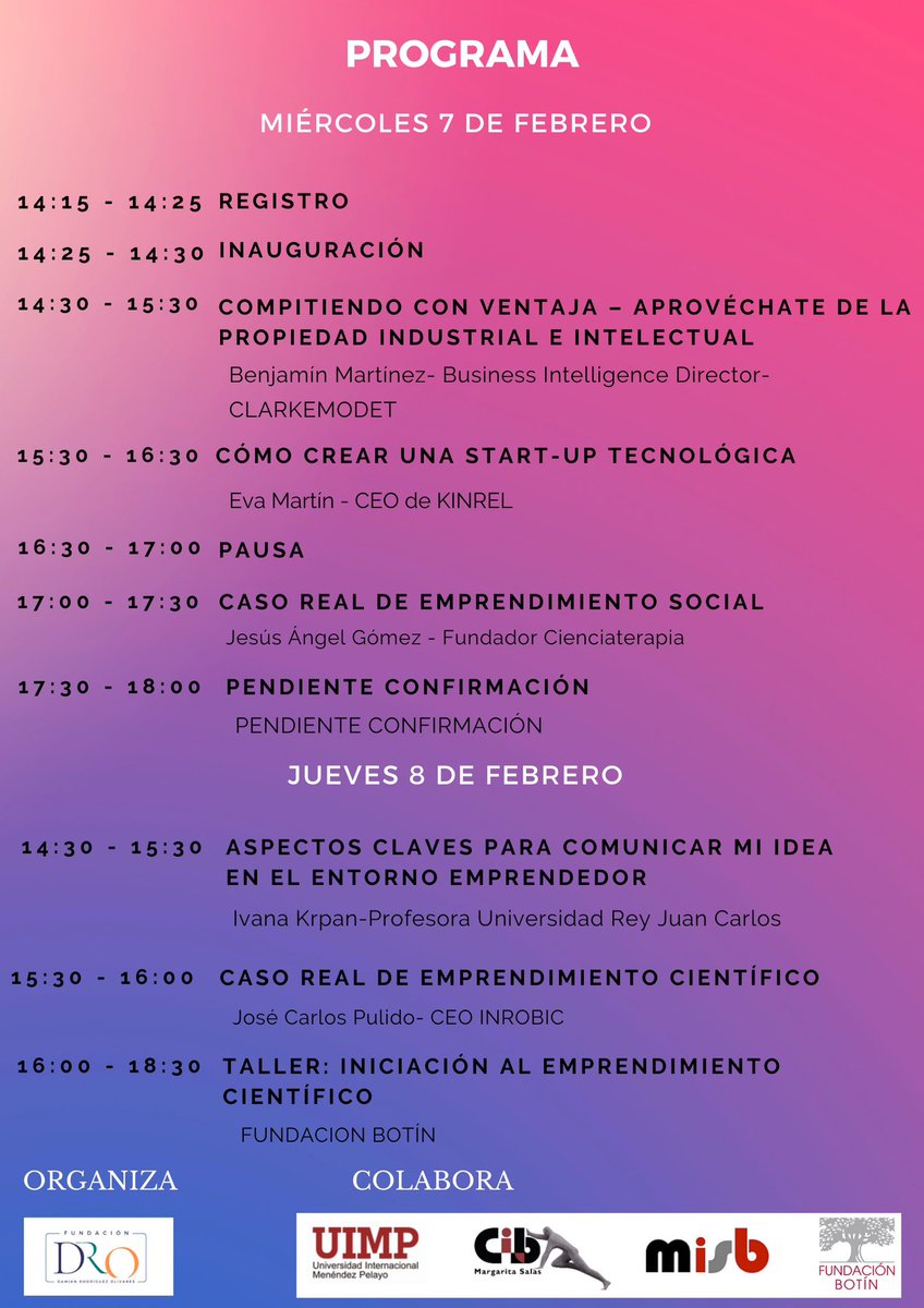 Sexta edición Workshop en primeros pasos en el emprendimiento científico. Dos días para aprender de Patentes, modelos de negocio, comunicación.
7 y 8 de Febrero
14:30 a 18:30
📌 <a href="/CIB_CSIC/">CIB Margarita Salas (CSIC)</a> o Virtual
Inscripción: forms.gle/SLgtn5Eg3ZaTw4…
<a href="/UIMP/">UIMP</a> , <a href="/CIB_CSIC/">CIB Margarita Salas (CSIC)</a> y <a href="/fundacionbotin/">Fundación Botín</a>