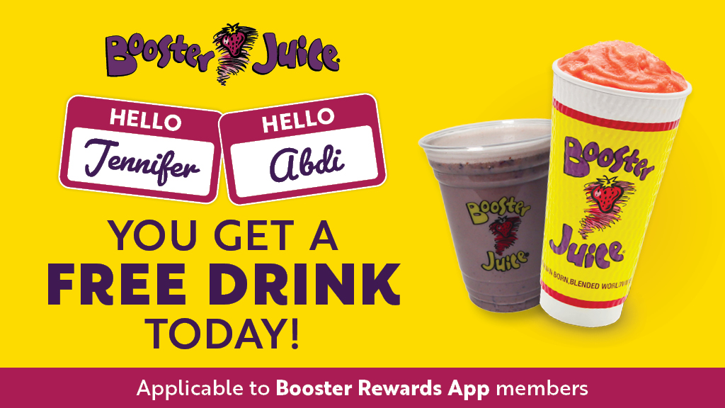 boosterjuice's tweet photo. February 1 #NamesoftheDay: Jennifer & Abdi ๐๐โ
.โ
Only valid at participating locations. Conditions apply, visit our website for full contest rules and regulations. https://t.co/cEtwF544Ln