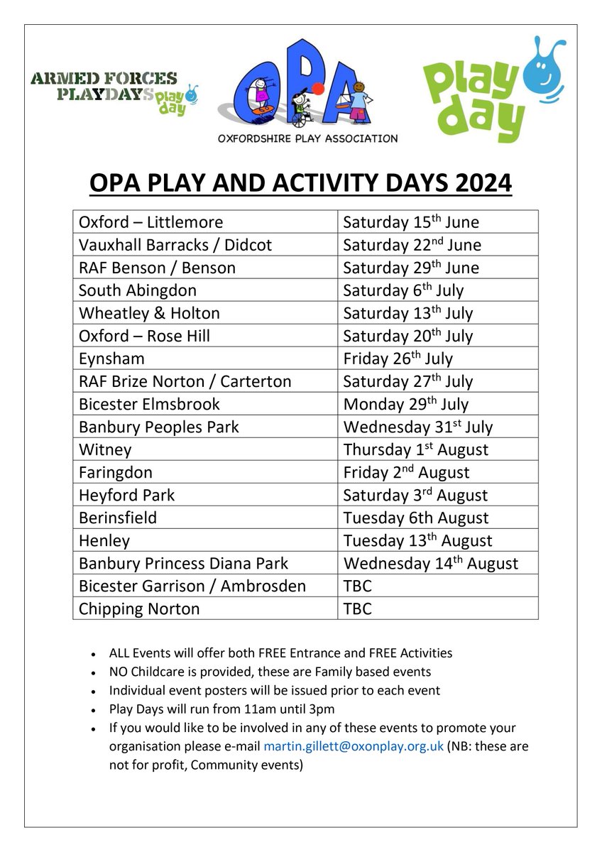 We are delighted to confirm the dates and locations for our 2024 Playday events All of the events will offer FREE Entrance & FREE Activities to ensure an Inclusion for ALL!! (Bicester Garrison/Ambrosden and Chipping Norton will be confirmed as soon as event funding is secured)