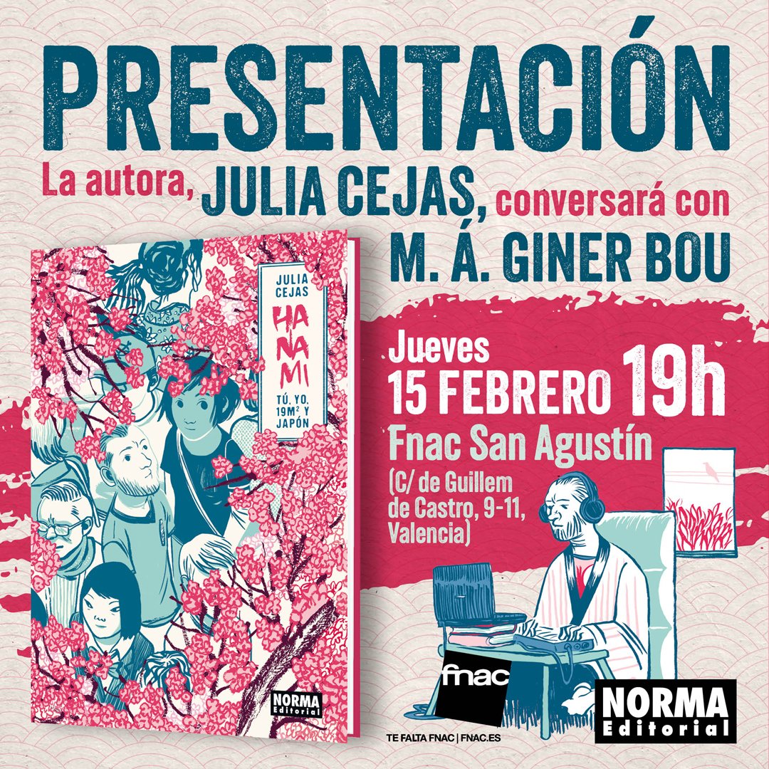 Hoy a las 19:00 🗓️ tendremos la presentación de HANAMI ⛩️ junto a su autora, @juliacejas_art, en el FNAC San Agustín de Valencia (<a href="/Fnac_Libros/">Fnac Libros</a>).

El acto y estará moderado por el guionista e ilustrador Miguel Ángel Giner Bou 🤩.

¡Te esperamos!