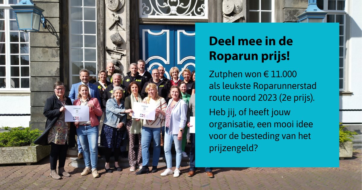In 2023 won Zutphen €11.000 als ‘leukste #Roparunnerstad route noord' (2e prijs). Het geld is voor initiatieven die mensen met kanker, in hun laatste levensfase, ondersteunen. Heb jij een voorstel voor de besteding van het prijzengeld? ➡️ zutphen.nl/nieuws/deel-me…. #roparun