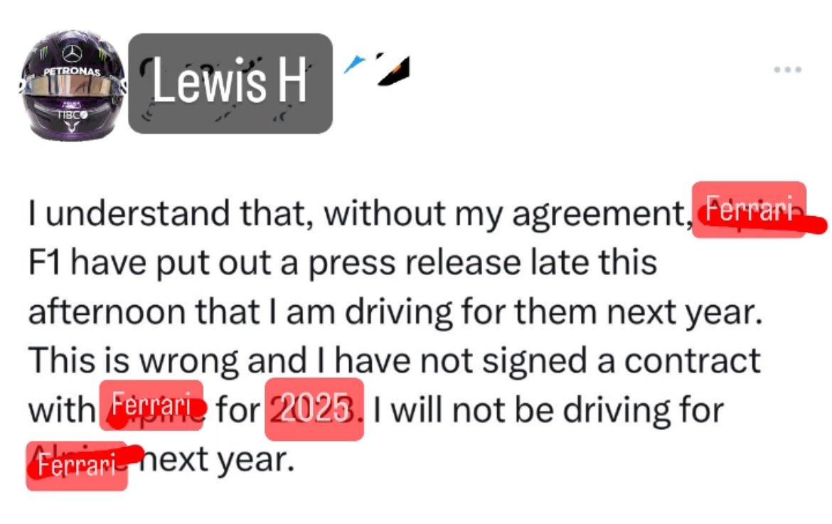 davidswain24's tweet photo. Ah ok.. that’s cleared it up then.. Was worried for a moment there.. As you were 🫡 #LewisHamilton #Mercedes #Ferrari #F1 🥺 https://t.co/98N9MColZk