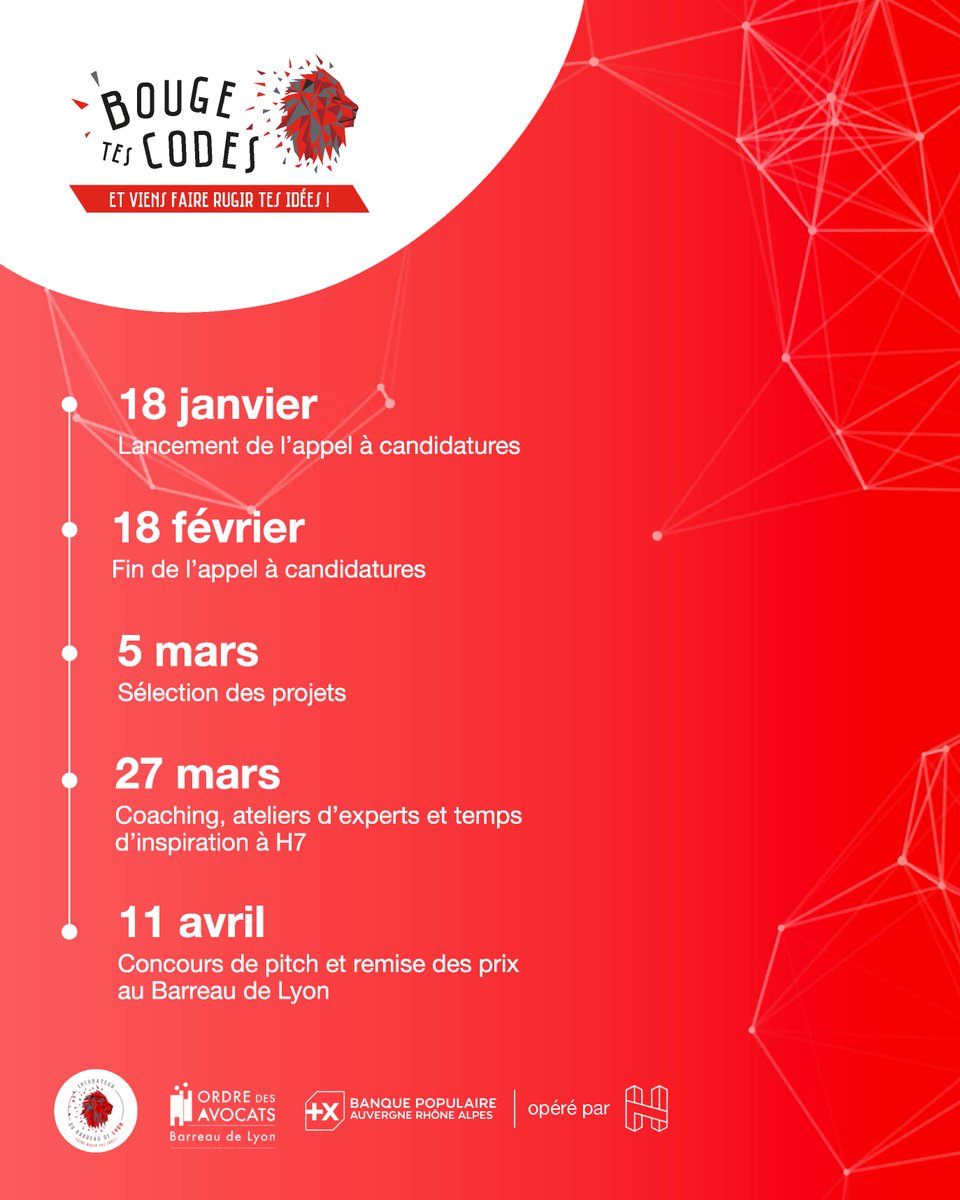 BPAURA vous invite à participer à la 2nd édition de "Bouge tes codes" ! 💡

✏️ Déposez votre candidature avant le 18 février

Le formulaire d’inscription est disponible ici 👉 lnkd.in/dW9m5rWM