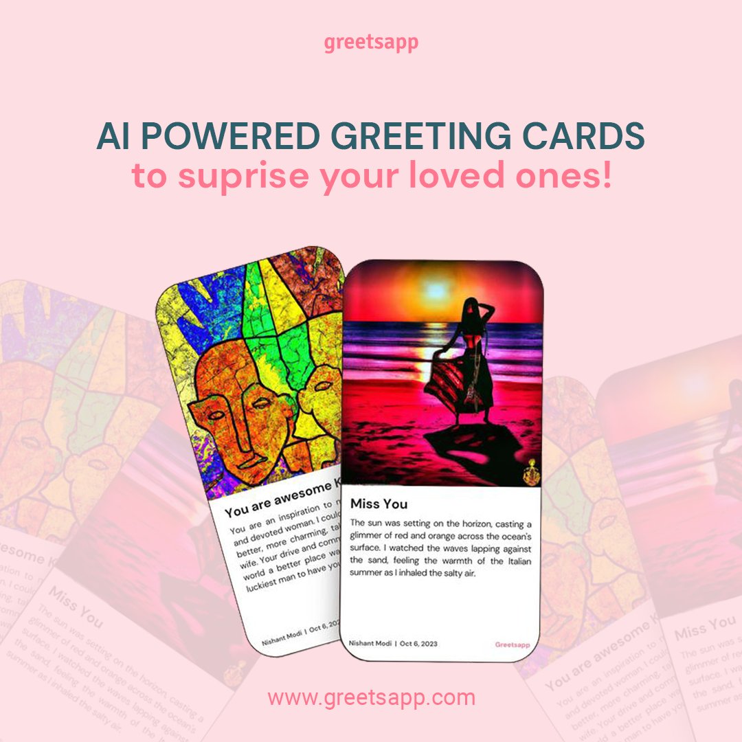 greets_app's tweet photo. Harness the power of AI with GreetsApp. Create personalized greeting cards for your loved ones that express your feelings just right. With our AI-powered cards, you'll never be lost for words again. 
#GreetsApp #AI #SurpriseYourLovedOnes https://t.co/4iOY68DEbQ
