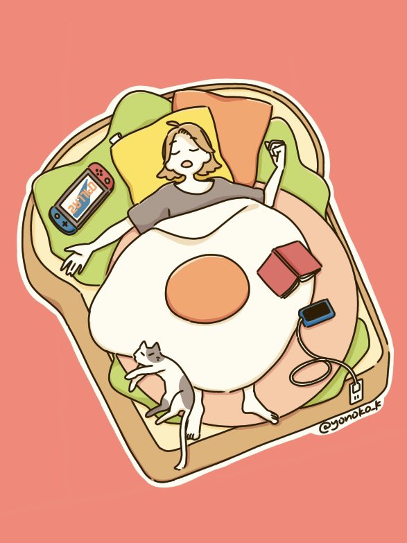 fried egg cat nintendo switch sleeping egg (food) pillow shirt  illustration images