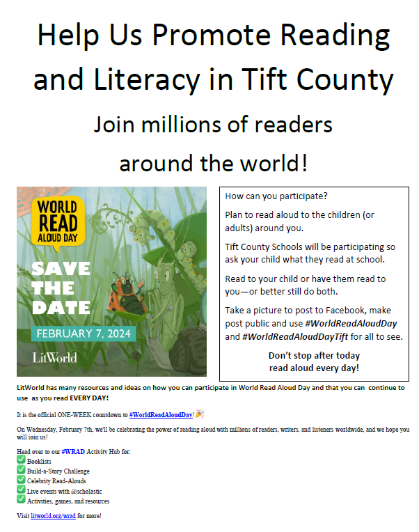 ABCES_Tift's tweet photo. 📚It's one week until World Read Aloud Day (Feb. 7th)! 🎉 Help us promote reading and literacy in Tift County. Check out this flyer to learn how! #4theT #WorldReadAloudDay #WorldReadAloudDayTift https://t.co/yV10YyPEnR
