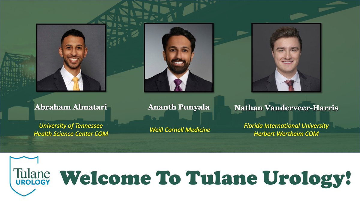 Please welcome Drs. Abraham Almatari, Ananth Punyala, and Nathan Vanderveer-Harris to the @TulaneUrology #Krewe! Congratulations to them and to all on #UrologyMatch day! @uthsc @WeillCornell @FIUMedicine @UroResidency @AmerUrological #uromatch2024 #auamatch2024