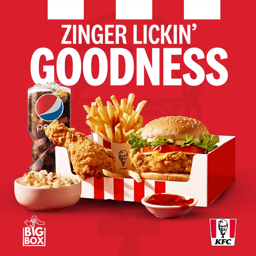 kfcjamaica's tweet photo. Feeling those finger lickin’ cravings for lunch?
Satisfy them with a KFC Zinger Big Box and enjoy your favourite KFC Zinger, a piece of finger lickin’ chicken, crispy fries, a mini coleslaw and a refreshing Pepsi today!
#KFC #KFCJamaica #KFCBigBox #ZingerBigBox #FingerLickinGood https://t.co/qiBapRAD5Z