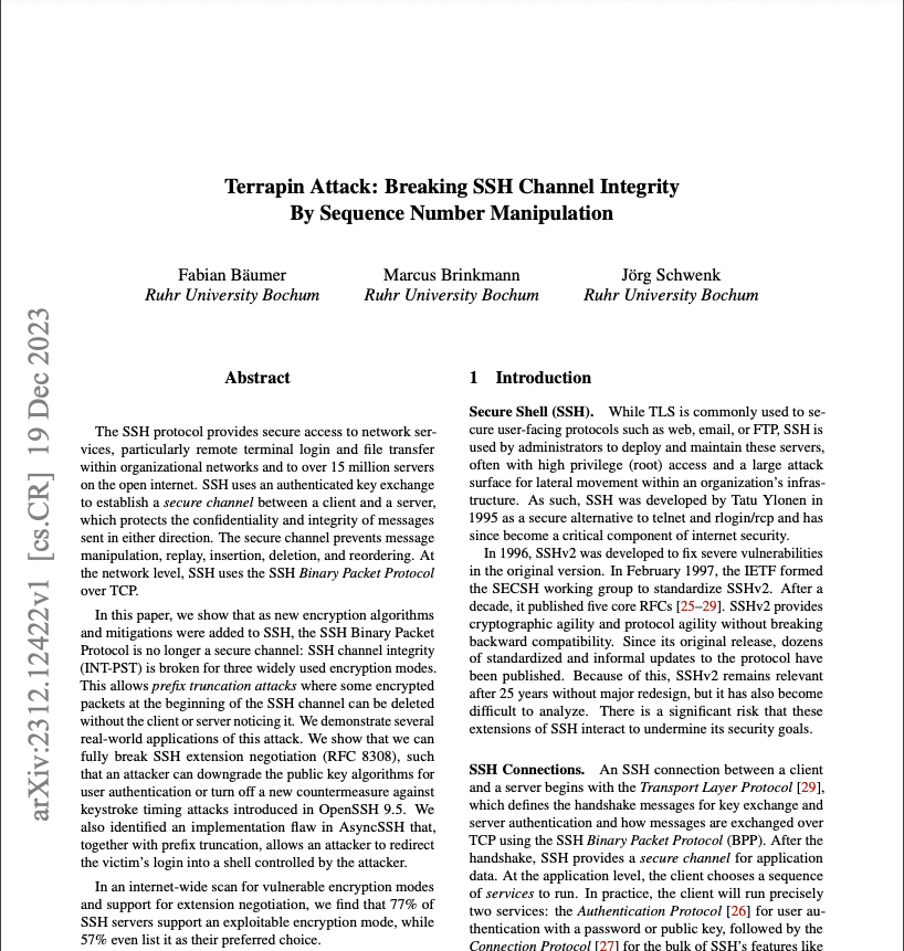 Researchers in germany broke ssh integrity! 😯

Would be a fun paper to read over the next week.

Only if folks focused more on research rather than building some clone apps on MERN all the time!