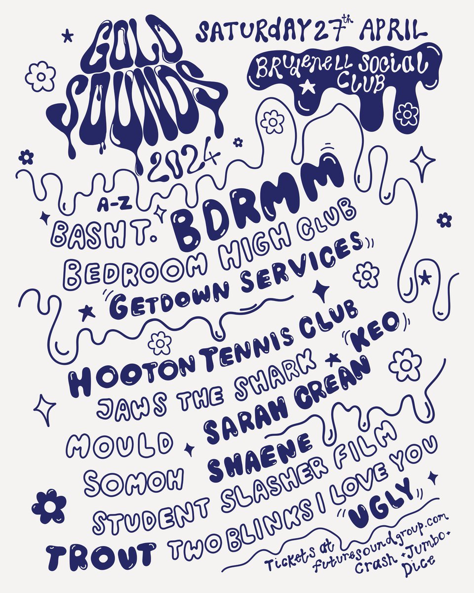 Gold Sounds returns to @Nath_Brudenell on Saturday 27th April, headlined by local shoegaze heroes @smellybdrmm & the return of @hootontennisclb, with 16 artists across 2 stages! Tickets go on-sale 10am Friday 2nd Feb via futuresound.seetickets.com/event/gold-sou…