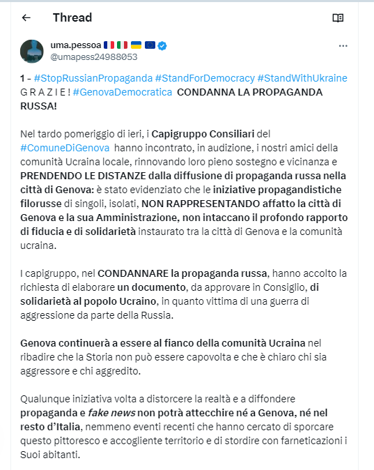 umapess24988053's tweet photo. 7 - #StopRussianPropaganda #StandForDemocracy #StandWithUkraine
G R A Z I E ! #GenovaDemocratica  CONDANNA LA PROPAGANDA RUSSA!

Vicinanza e sostegno Consiliare alla Comunità Ucraina locale: il Comune di  #Genova  PRENDE LE DISTANZE dalla diffusione di propaganda russa nella città di Genova e da qualsiasi iniziativa connessa - come il film russo Il testimone - in risposta a Lettera aperta della Comunità Ucraina di Genova al Consiglio Comunale.

https://t.co/AFn0hKsFBt
7/n