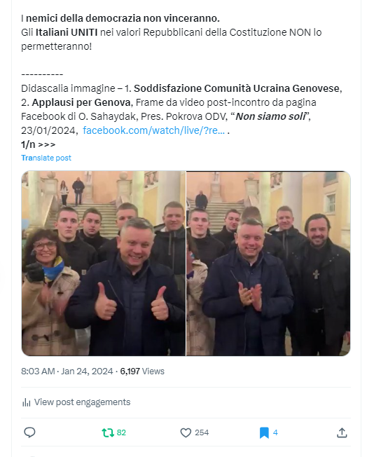 umapess24988053's tweet photo. 7 - #StopRussianPropaganda #StandForDemocracy #StandWithUkraine
G R A Z I E ! #GenovaDemocratica  CONDANNA LA PROPAGANDA RUSSA!

Vicinanza e sostegno Consiliare alla Comunità Ucraina locale: il Comune di  #Genova  PRENDE LE DISTANZE dalla diffusione di propaganda russa nella città di Genova e da qualsiasi iniziativa connessa - come il film russo Il testimone - in risposta a Lettera aperta della Comunità Ucraina di Genova al Consiglio Comunale.

https://t.co/AFn0hKsFBt
7/n