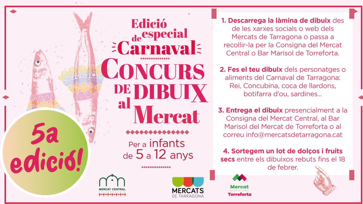 CARNAVAL 🥳 | Avui comença un nou #CarnavalTGN i als Mercats ho tenim tot punt. Donem el tret de sortida amb el tradicional concurs de dibuix que enguany celebra la seva 5a edició!

📝 Làmina: tuit.cat/oqEIv
ℹ️ Més info: tuit.cat/Wyon6