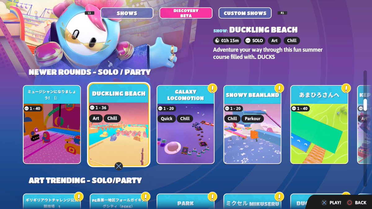 pinkygurl67's tweet photo. There are some really great rounds under the Discovery newer rounds category.
Duckling Beach
Galaxy Locomotion
Kepler 21’s Town
Cosmic Dash
Mushroom Leapers
Rollin’ Ruins
Go play them. They are super fun and well worth your time.
#FallGuys
#FallGuysGame
#FallGuysLevels https://t.co/of73zqPOZJ