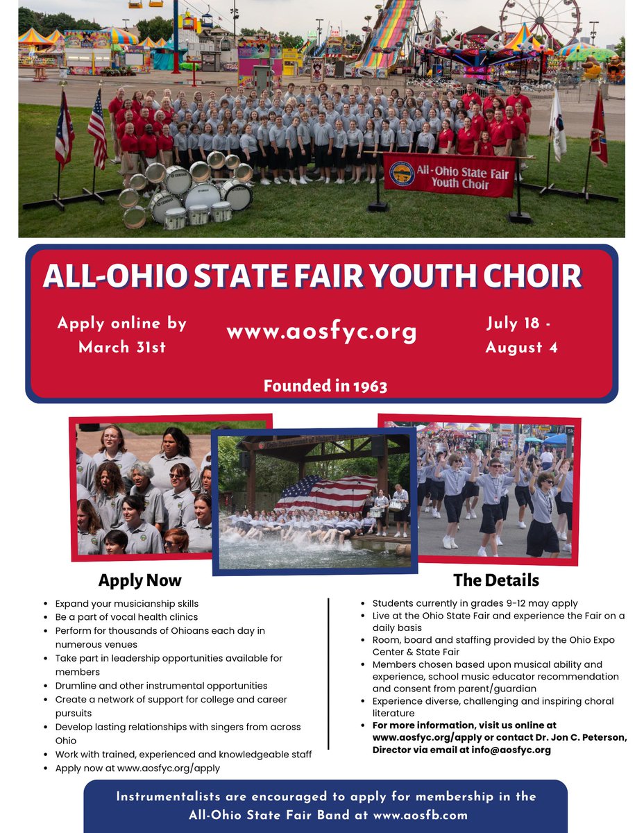 Applications for the 2024 AOSFYC are official open!!! We hope you will apply to join us an amazing couple of weeks this summer at the <a href="/OhioStateFair/">Ohio State Fair</a> !

To apply, please click here: aosfyc.org/apply.html

#aosfyc #choir #ohiostatefair