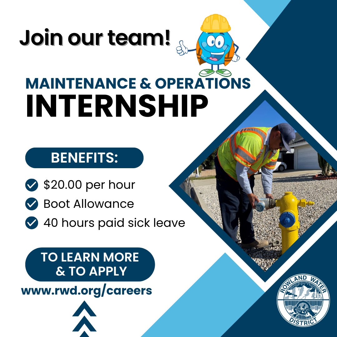 👷⚠️Interested in a water career? Our 6-month long, paid internship is open for applications.

▶️Visit rwd.org/careers for detailed job description, benefits, & to apply. Deadline to apply is February 15th!

#DiscoverRWD #WorkInWater #WaterJobs