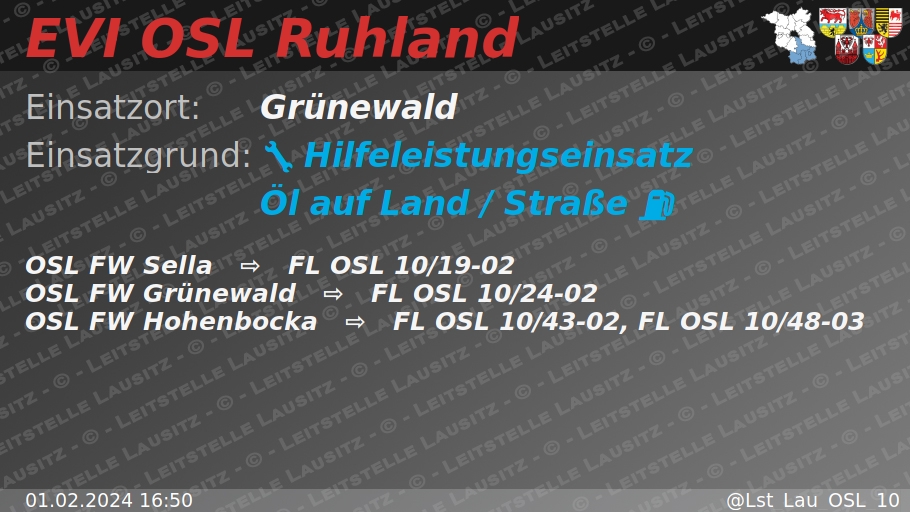 🚨 01.02.2024 16:50 ⛽ 🌍 H:Öl-Land 🌐 Grünewald 🚒 ⇨ FW Sella, FW Grünewald, FW Hohenbocka wachalarm.leitstelle-lausitz.de/dbrd/dfb6501c-…