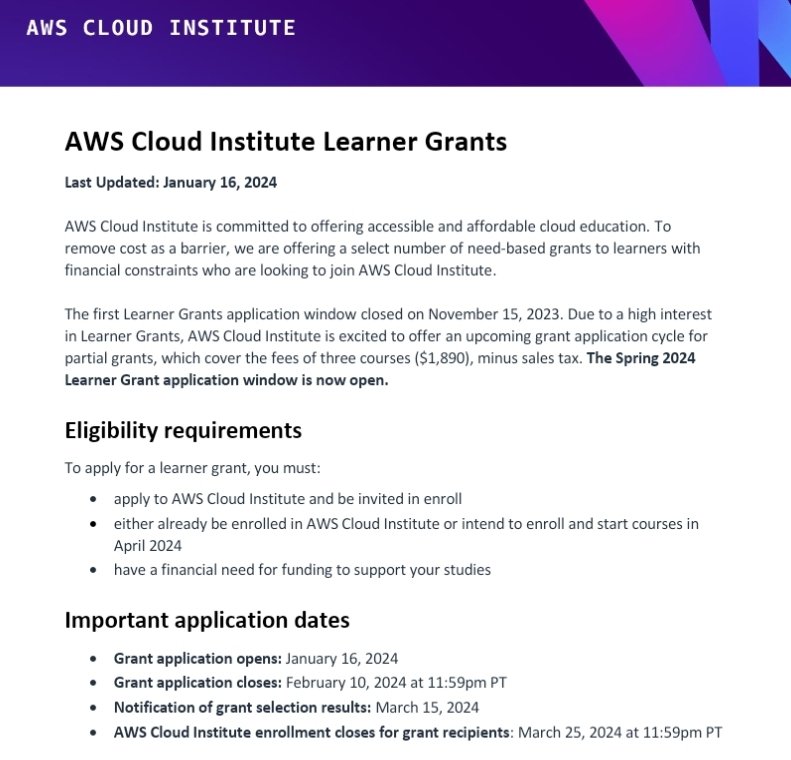 AWS opened the grants for AWS INSTITUTE! It's a paid virtual 12-course program to help anyone become a Cloud Developer. 👨🏽‍💻Self-paced, on-demand & instructor-led courses 🎮 Game-based learning, labs & 2 capstones 🎓 Exam vouchers for TWO certs & access to job opportunities!
